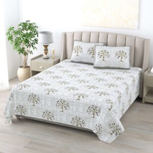 Grey Floral Printed Pure Cotton - King Bedsheet With 2 Pillow Covers