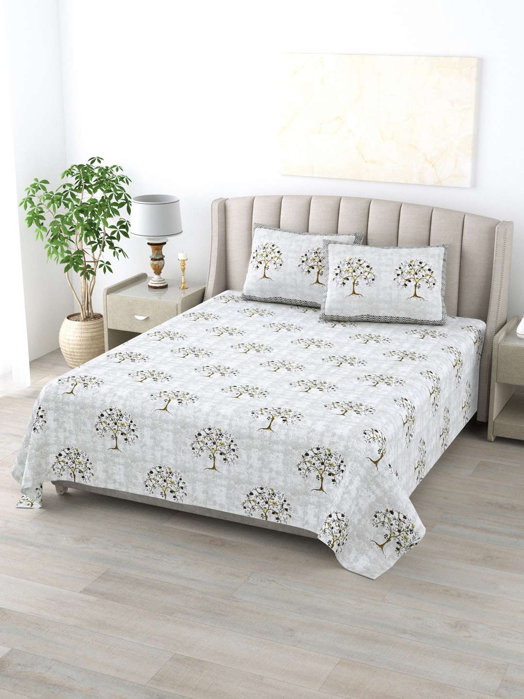 Grey Floral Printed Pure Cotton - King Bedsheet With 2 Pillow Covers