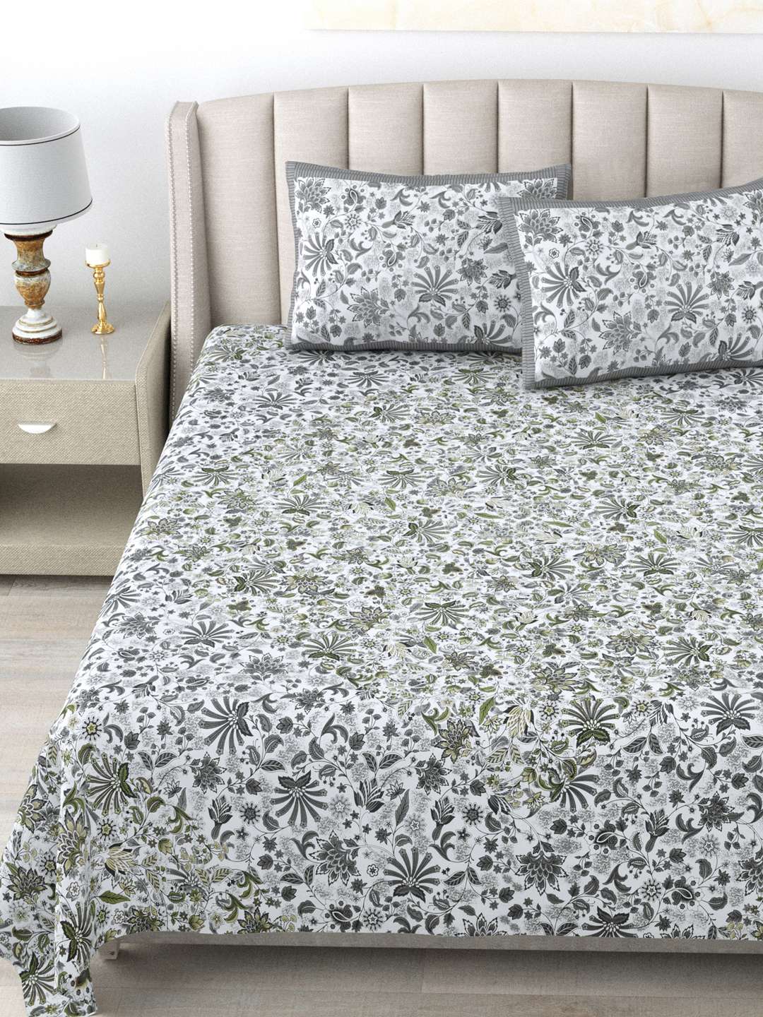 Pure Cotton King Size Bedsheet with 2 Pillow Cover - Grey & White Floral Hand Block Printed Bedsheet - Image 5