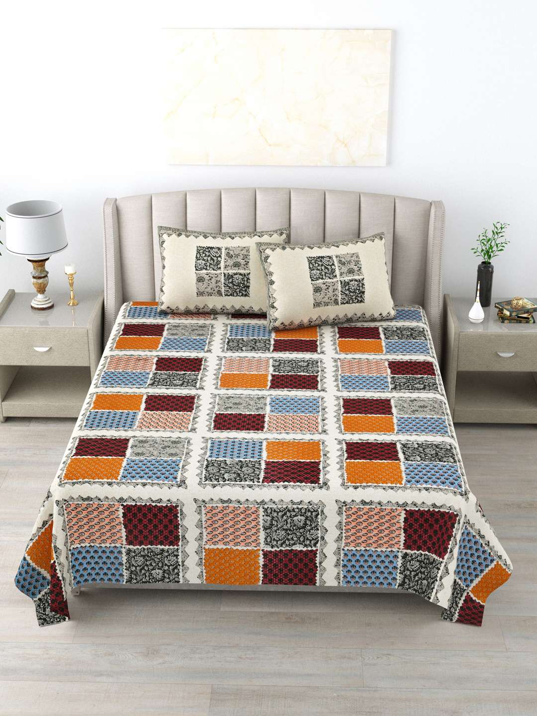 Pure Cotton Block Print Jaipuri Bedsheet - King Size - Square Harmony - Image 5