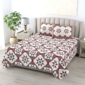 White & Red Floral Pure Cotton - King Bedsheet with 2 Pillow Covers