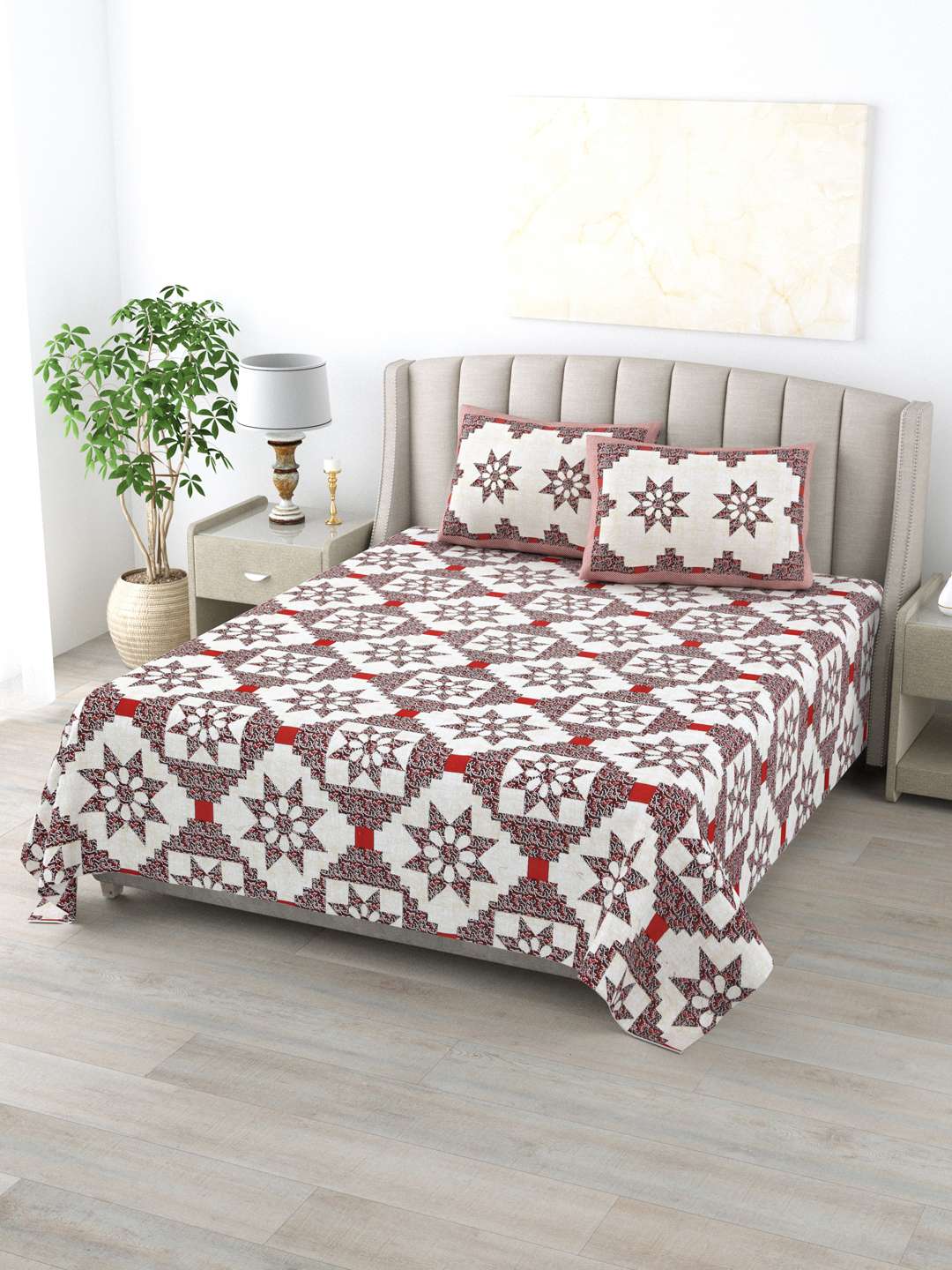 White & Red Floral Pure Cotton - King Bedsheet with 2 Pillow Covers