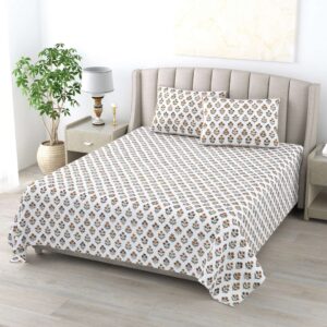 Pure Cotton Block Print Jaipuri Bedsheet - King Size - Brown Petals