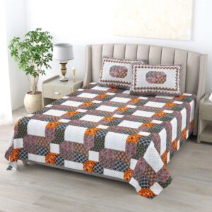 White & Brown Floral Pure Cotton - King Bedsheet with 2 Pillow Covers