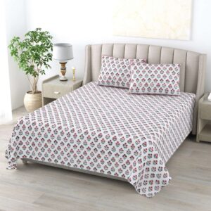White Floral Printed - Pure Cotton King Bedsheet With 2 Pillow Covers