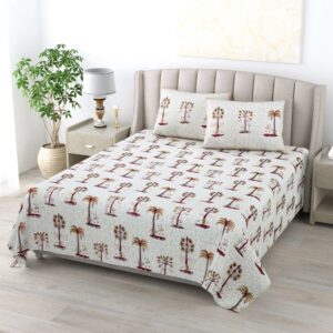 Pure Cotton Block Printed Bedsheet with 2 Pillow Covers - King Size - Red Pristine Palms