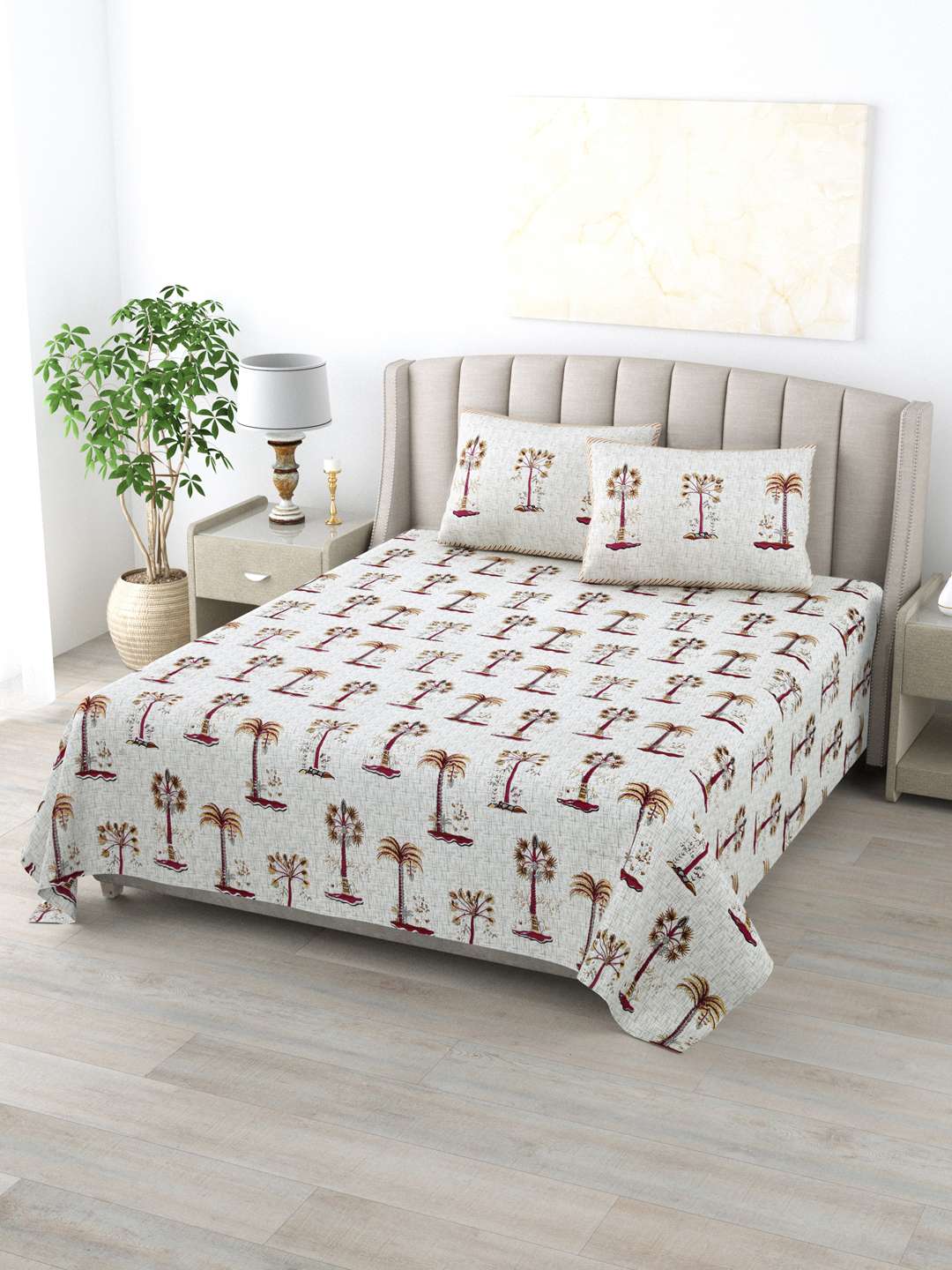 Pure Cotton Block Printed Bedsheet with 2 Pillow Covers - King Size - Red Pristine Palms