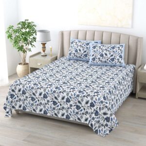 Pure Cotton Block Print Jaipuri Bedsheet - King Size - Blue Floral Printed