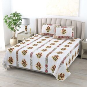 Beige & Pink Floral Pure Cotton - King Bedsheet with 2 Pillow Covers