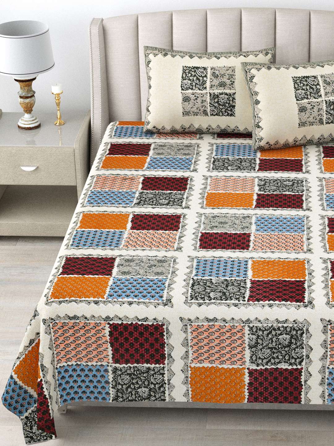 Pure Cotton Block Print Jaipuri Bedsheet - King Size - Square Harmony - Image 3