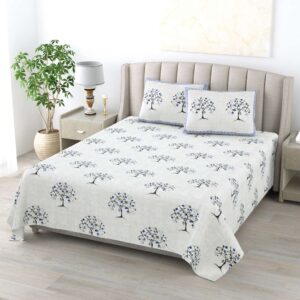 Cream Coloured Printed Pure Cotton - King Bedsheet with 2 Pillow Covers