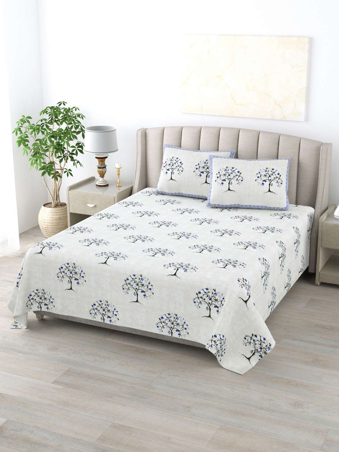 Cream Coloured Printed Pure Cotton - King Bedsheet with 2 Pillow Covers