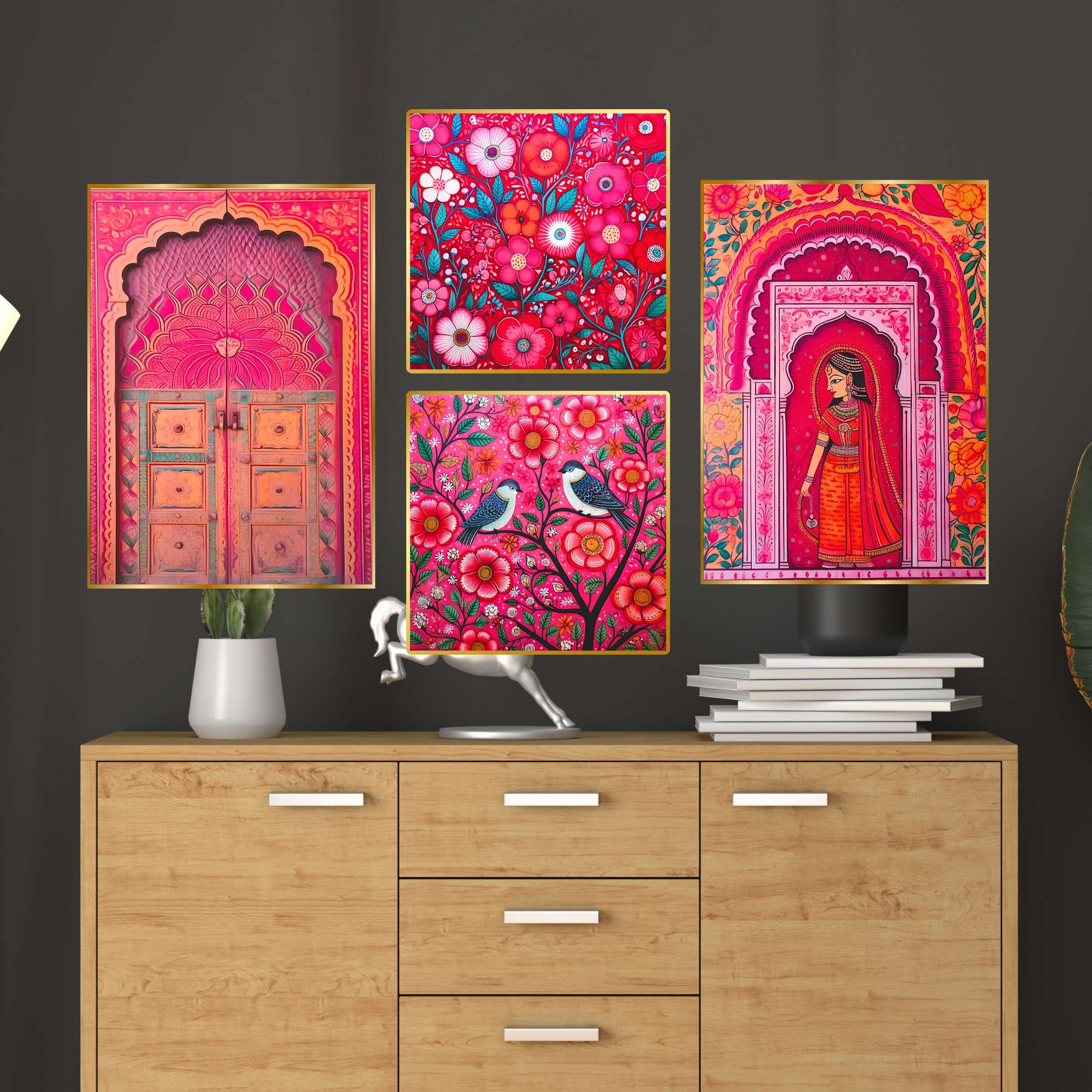 Set of Four Wall Paintings for Wall Decoration Golden Framed Wall Paintings for Living Room & Bedroom Wall Art for Home Decoration & Office Wall Décor (13x10 inch CH-GD4-1)