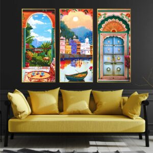Set of Three large Wall Paintings for Wall Decoration Golden Framed Wall Paintings for Living Room & Bedroom Wall Art for Home Decoration & Office Wall Décor (14x11 inch CH-LGD3-2)