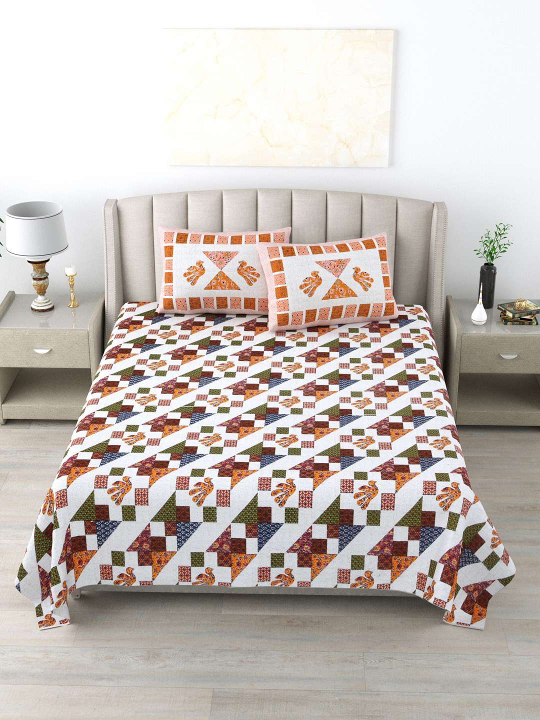 White & Orange Floral Pure Cotton - King Bedsheet with 2 Pillow Covers - Image 2