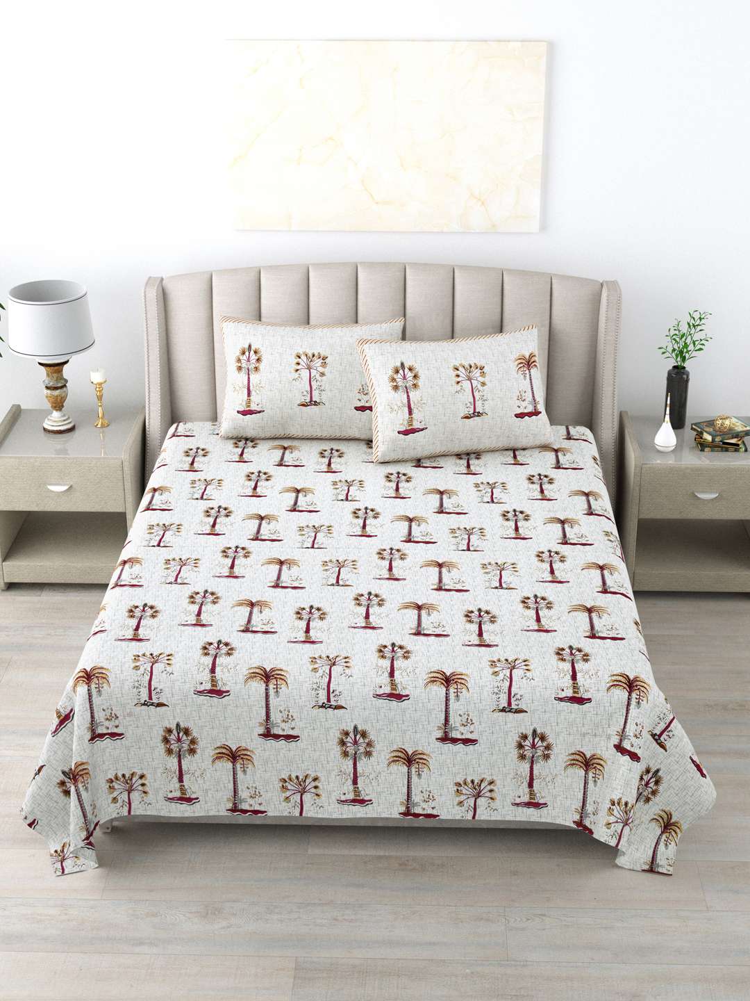 Pure Cotton Block Printed Bedsheet with 2 Pillow Covers - King Size - Red Pristine Palms - Image 2