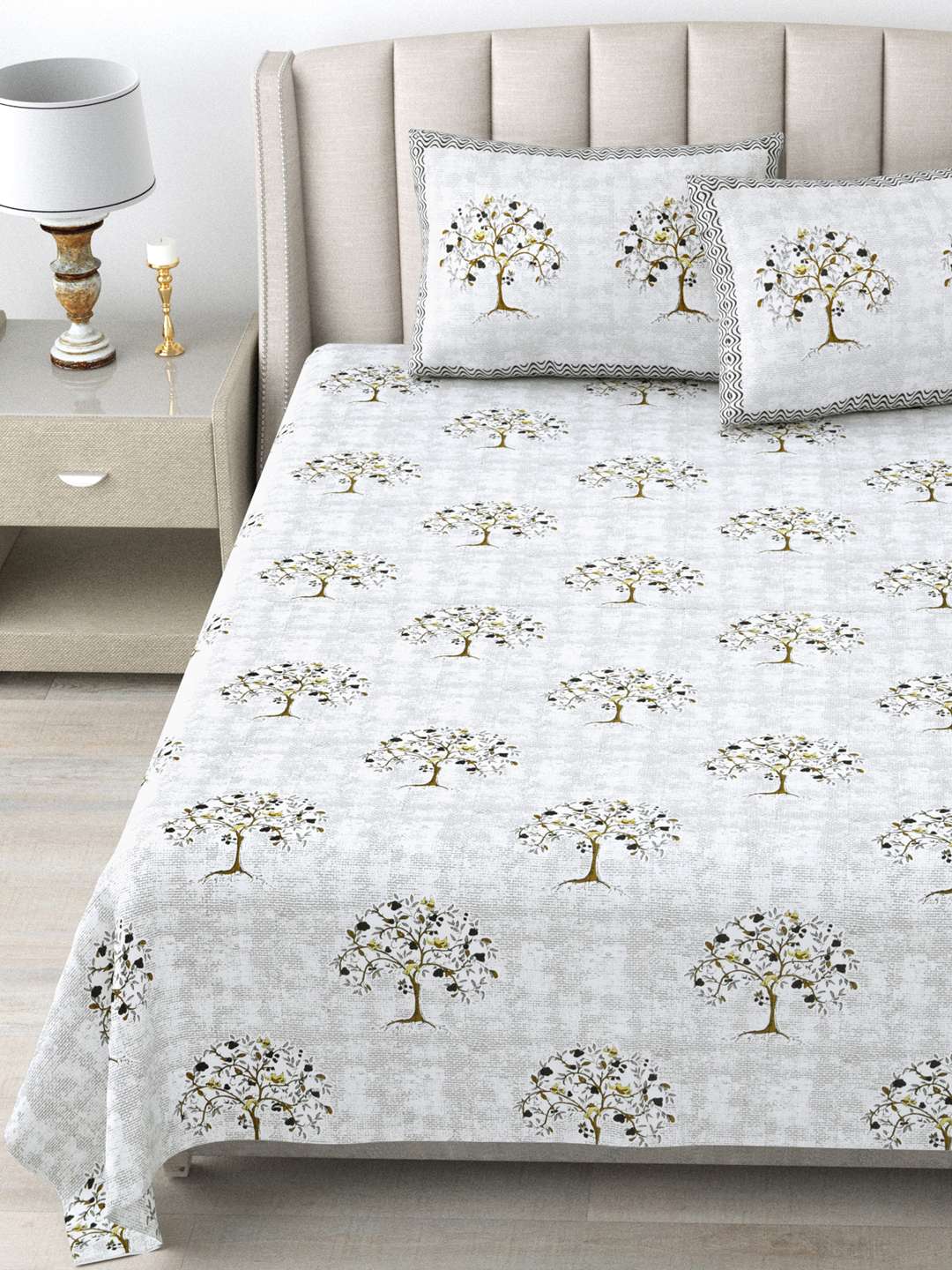 Grey Floral Printed Pure Cotton - King Bedsheet With 2 Pillow Covers - Image 2