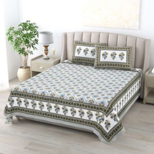 Pure Cotton Block Print Jaipuri Bedsheet - King Size - Green & Blue Marigold Meadow