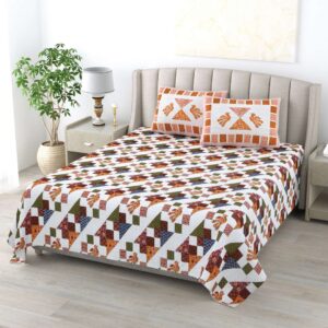 White & Orange Floral Pure Cotton - King Bedsheet with 2 Pillow Covers