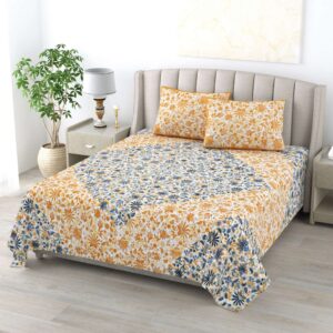 Pure Cotton King Size Bedsheet with 2 Pillow Cover - Yellow & Blue Floral Hand Block Printed Bedsheet