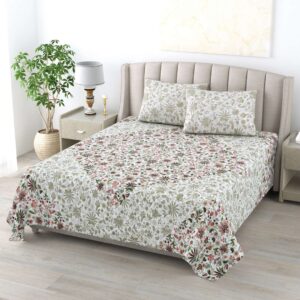Pure Cotton King Size Bedsheet with 2 Pillow Cover - Light Green & Red Floral Hand Block Printed Bedsheet
