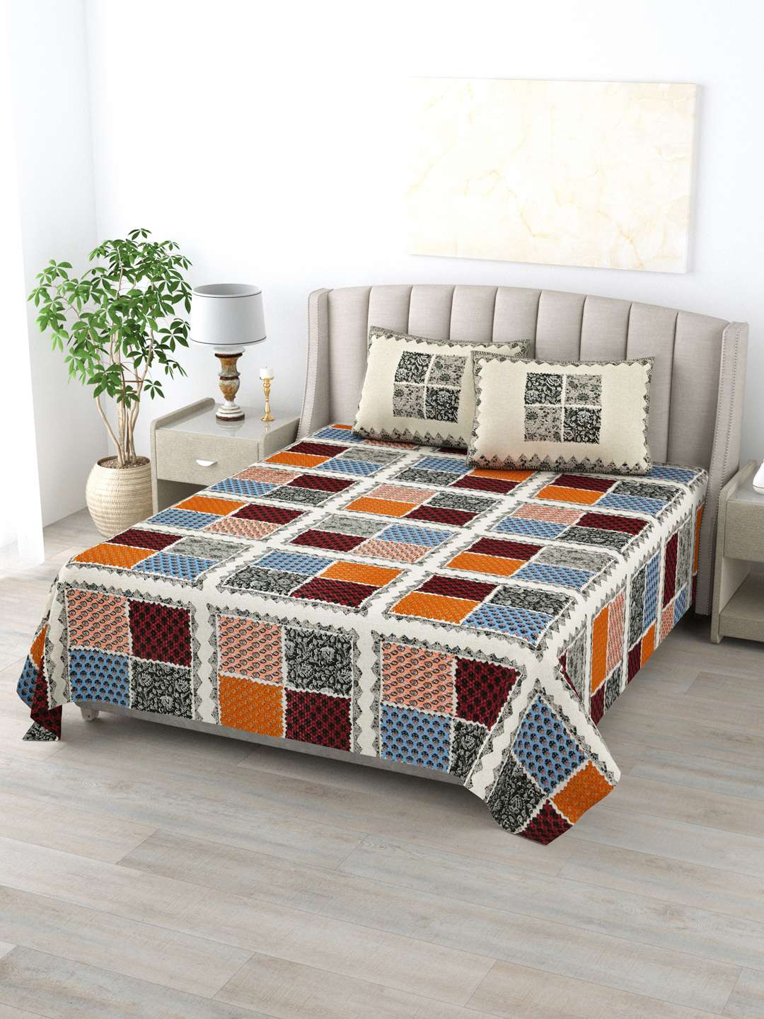 Pure Cotton Block Print Jaipuri Bedsheet - King Size - Square Harmony