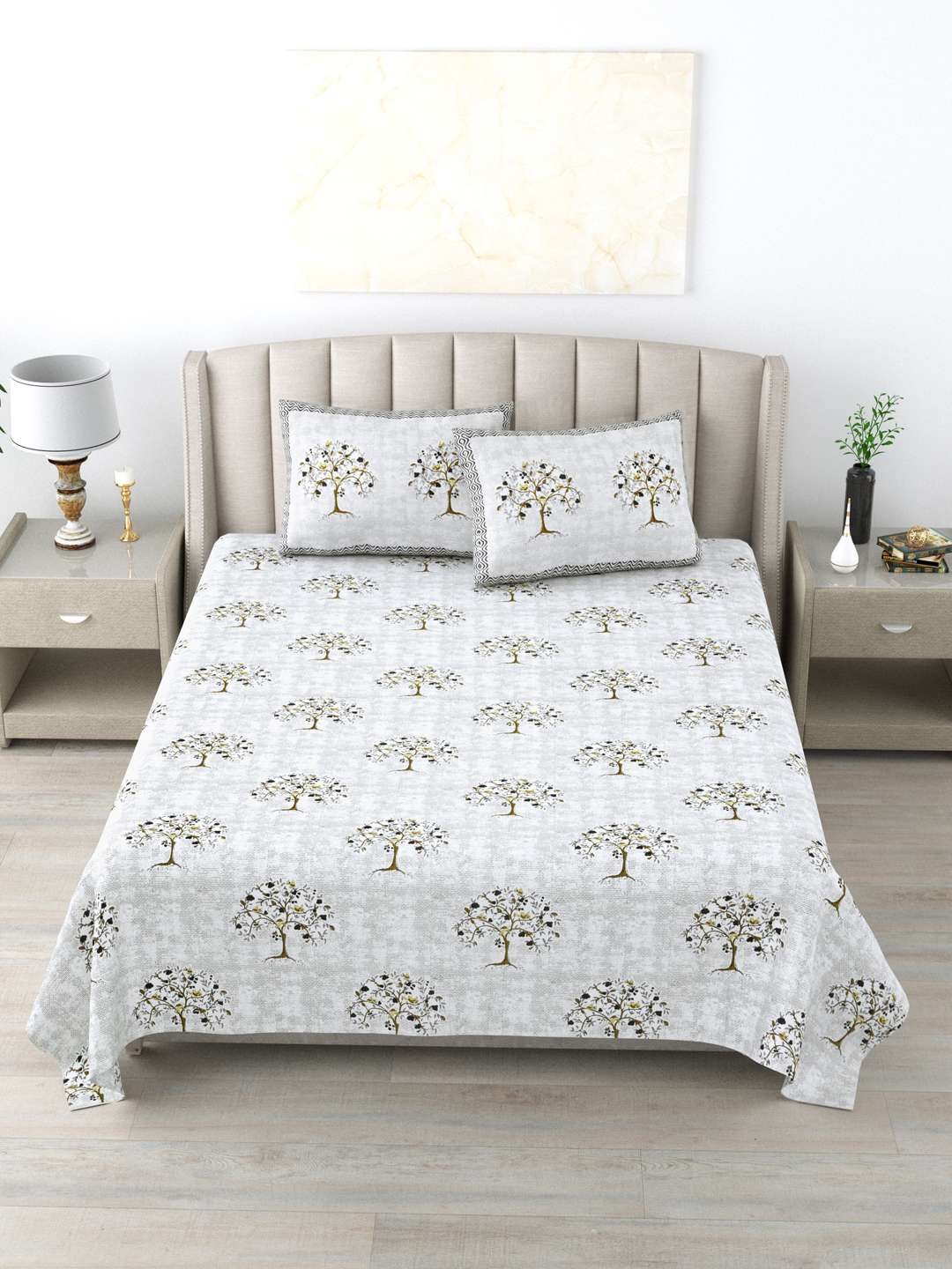 Grey Floral Printed Pure Cotton - King Bedsheet With 2 Pillow Covers - Image 7