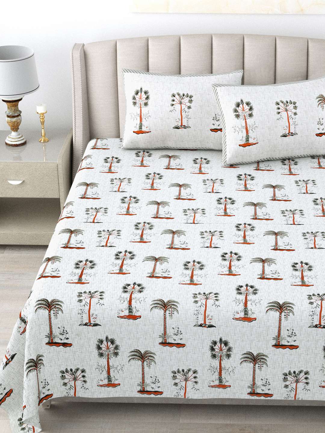 Pure Cotton Block Printed Bedsheet with 2 Pillow Covers - King Size - Orange Pristine Palms - Image 3