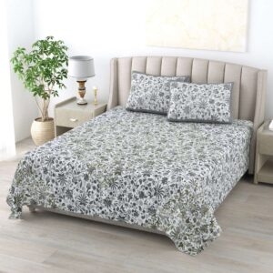 Pure Cotton King Size Bedsheet with 2 Pillow Cover - Grey & White Floral Hand Block Printed Bedsheet