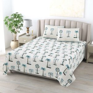 Pure Cotton Block Printed Bedsheet with 2 Pillow Covers - King Size - Cream Pristine Palms