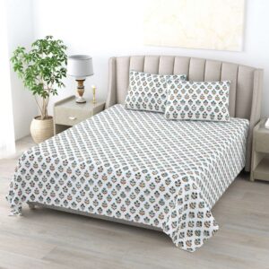 White Floral Printed - Pure Cotton King Bedsheet With 2 Pillow Covers