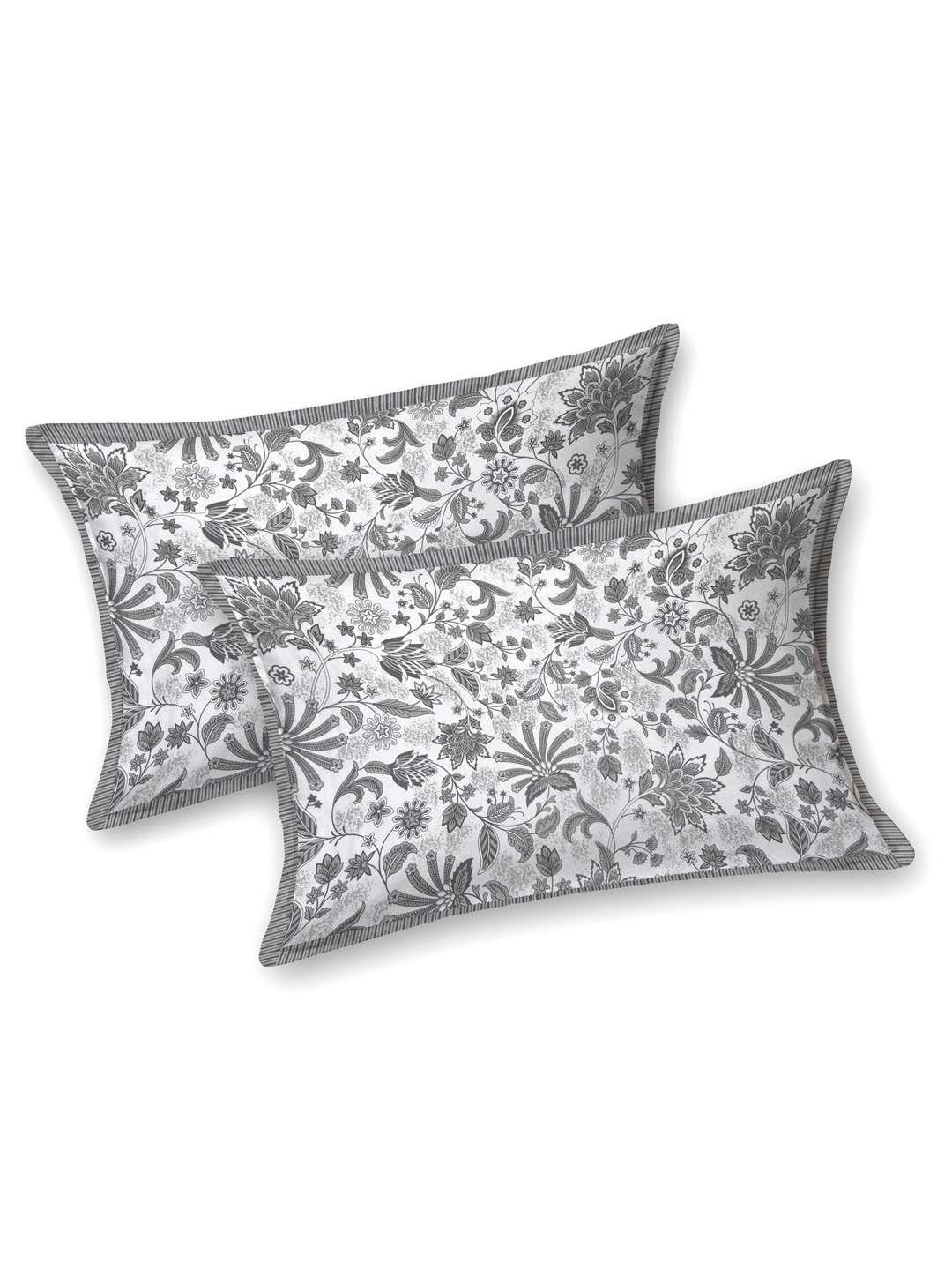 Pure Cotton King Size Bedsheet with 2 Pillow Cover - Grey & White Floral Hand Block Printed Bedsheet - Image 3