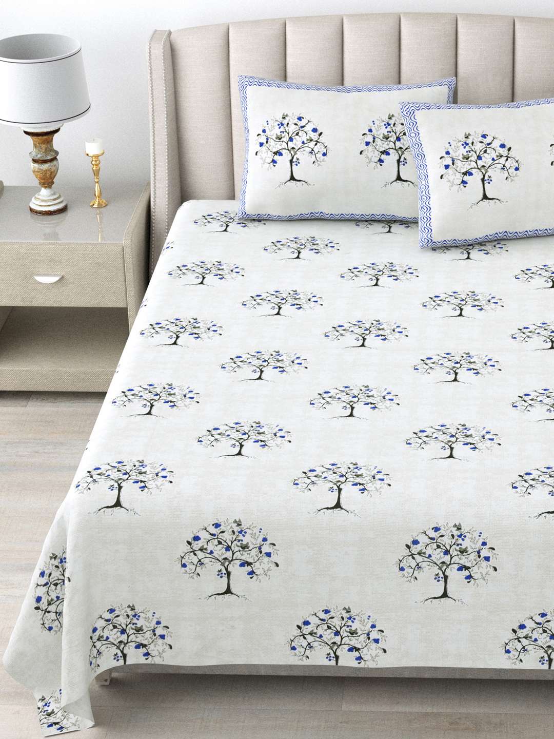 Cream Coloured Printed Pure Cotton - King Bedsheet with 2 Pillow Covers - Image 2