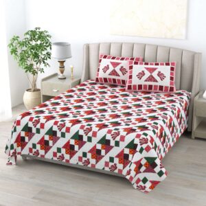White & Orange Floral Pure Cotton - King Bedsheet With 2 Pillow Covers