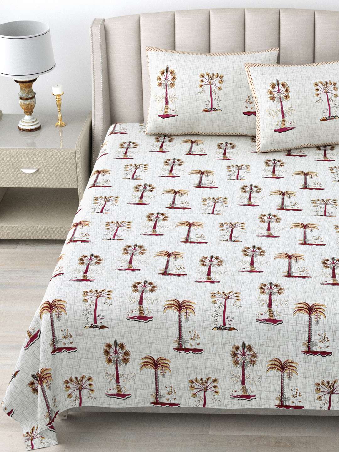 Pure Cotton Block Printed Bedsheet with 2 Pillow Covers - King Size - Red Pristine Palms - Image 4