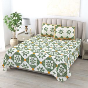 Pure Cotton Block Print Jaipuri Bedsheet - King Size - Green Starlight