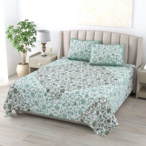 Pure Cotton King Size Bedsheet with 2 Pillow Cover - Green & Brown Floral Hand Block Printed Bedsheet
