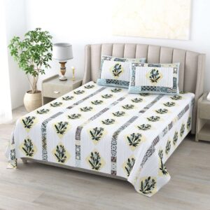 White & Yellow Floral Pure Cotton - King Bedsheet with 2 Pillow Covers