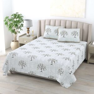 White & Blue Floral Pure Cotton - King Bedsheet with 2 Pillow Covers