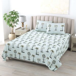 Pure Cotton Block Printed Bedsheet with 2 Pillow Covers - King Size - Green Pristine Palms