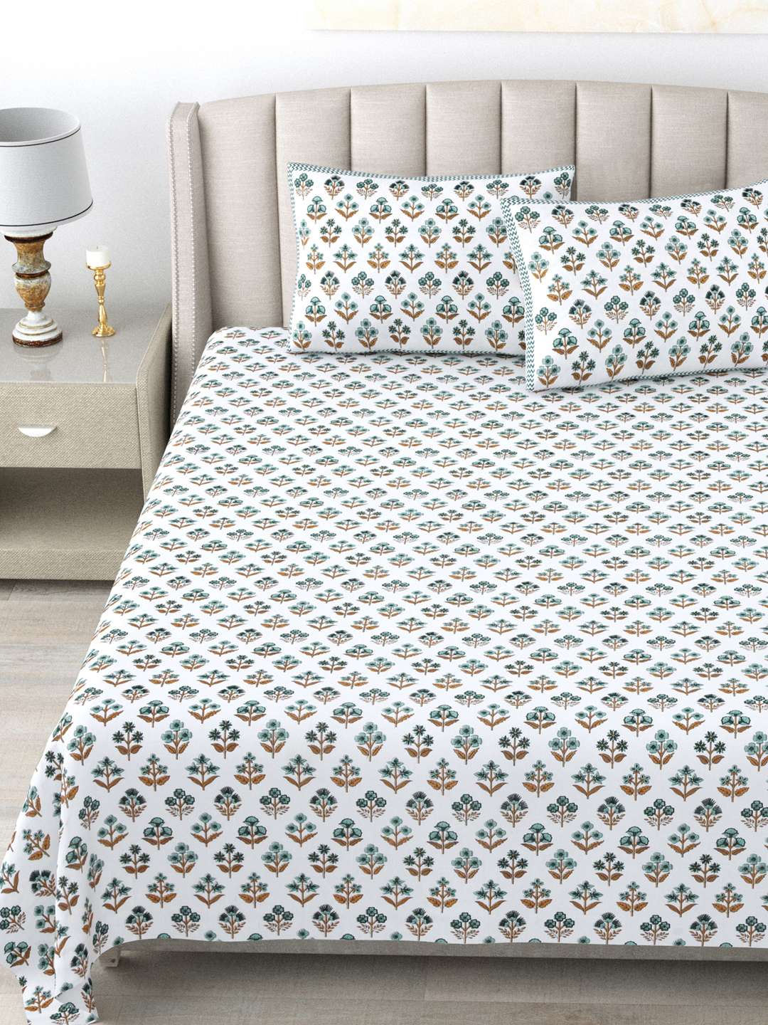 White Floral Printed - Pure Cotton King Bedsheet With 2 Pillow Covers - Image 7